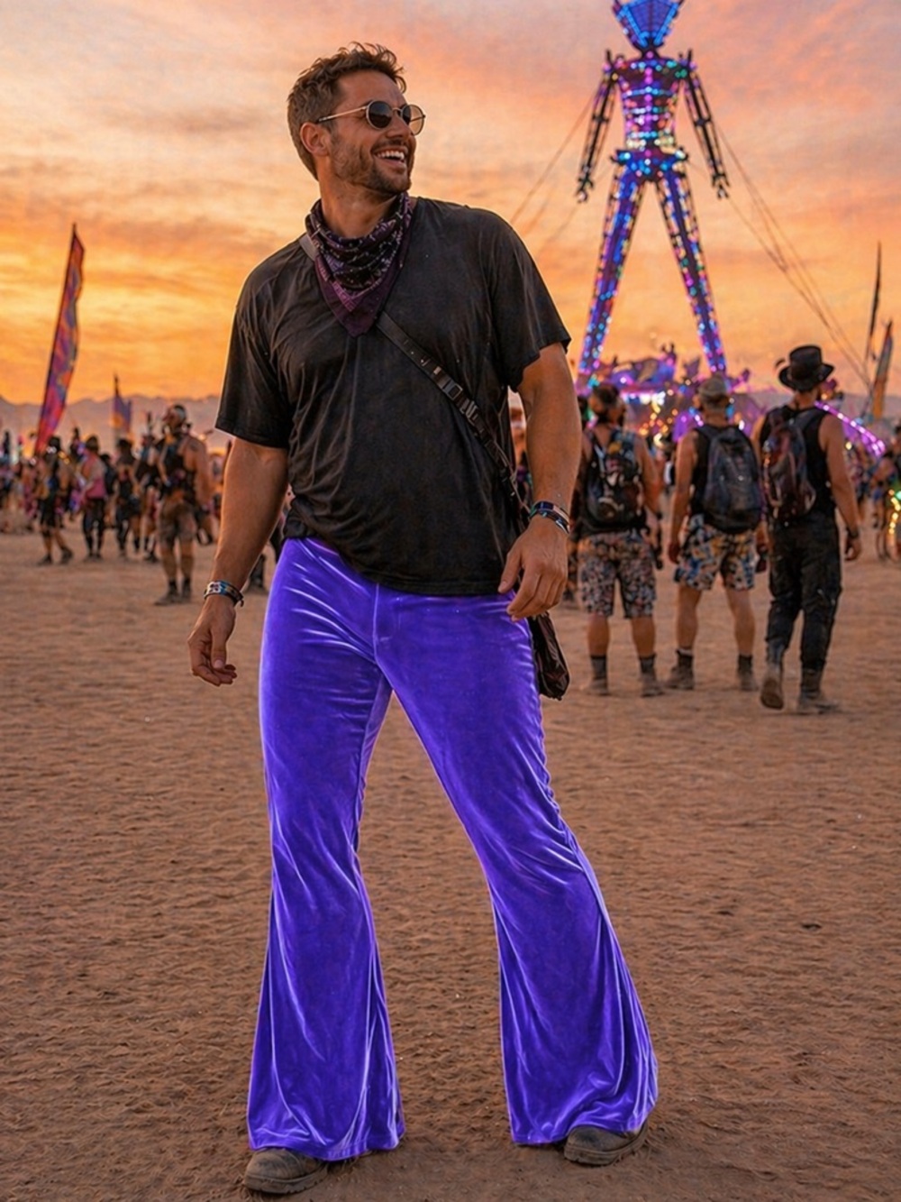Custom Men’s XXL Purple Bell Bottom Velvet Leggings. Buy NOW Be 4 the MAN Burns!